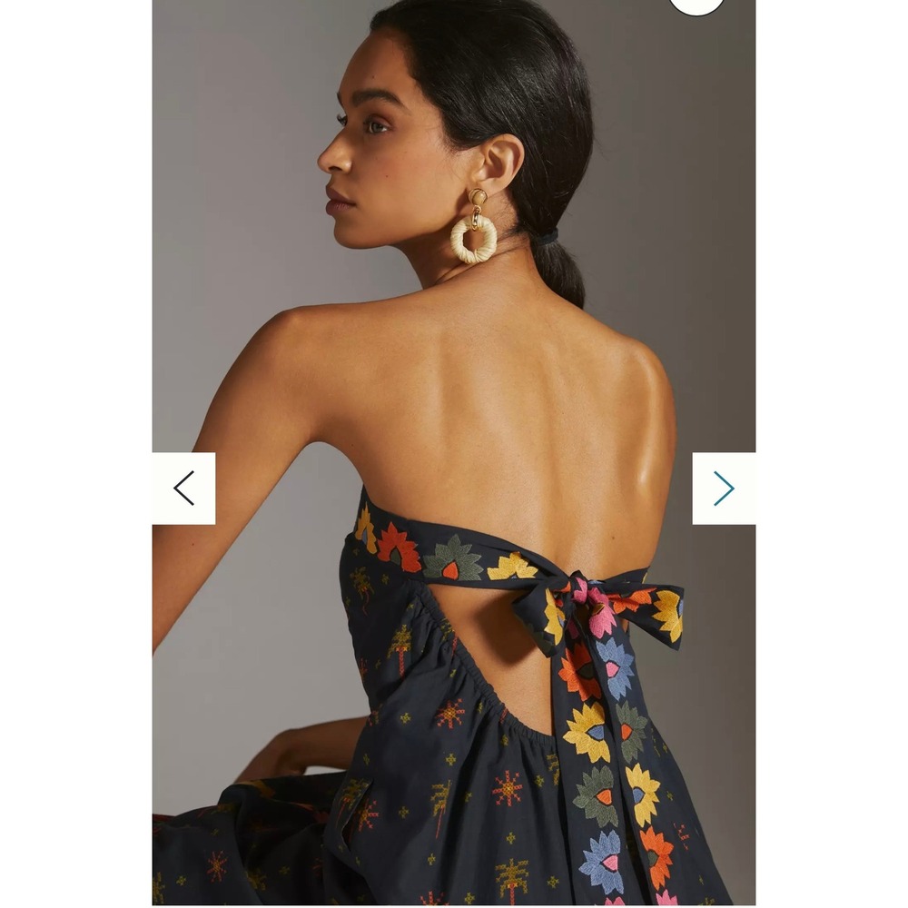 Farm Rio Anthropologie Dress 1X Black Embroidered Strapless Maxi Tie Back Boho - Picture 3 of 16